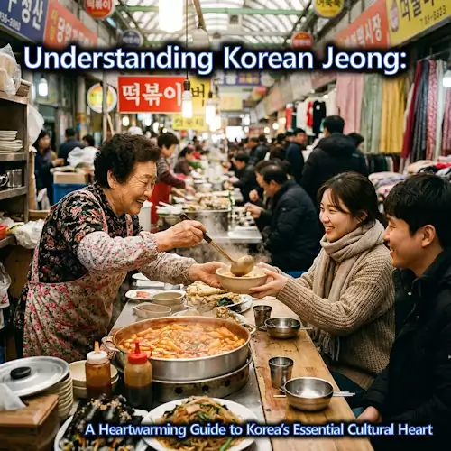 A heartwarming scene of people sharing food in Korea, representing the concept of Jeong.