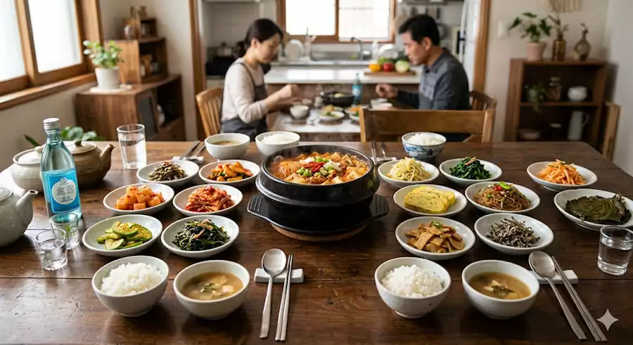 A variety of Korean side dishes (Banchan) served at a restaurant, showing the heart of sharing.