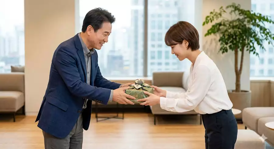 A person using both hands to give or receive a gift, showing respect in Korean culture.